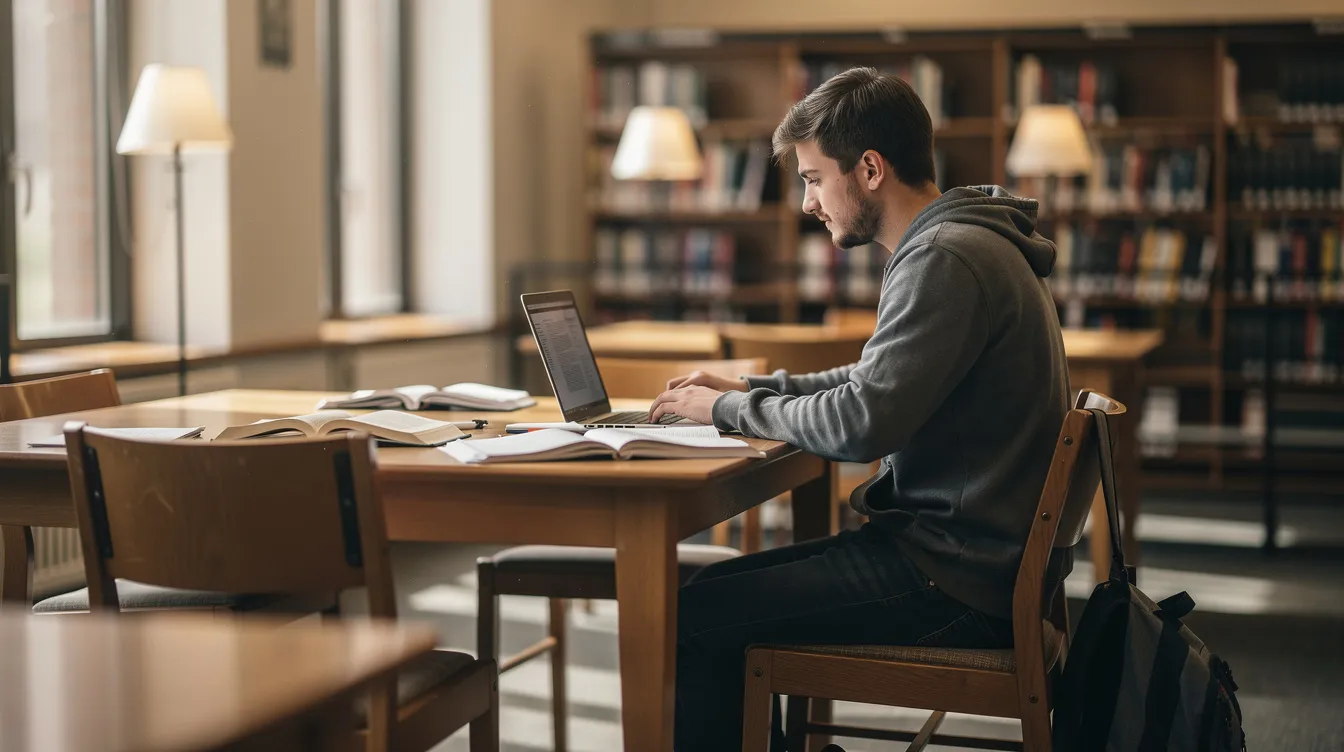 A student is sitting in a library, surrounded by books and working on a laptop, focused on their studies. This scene reflects the environment of higher education, where students engage with academic materials and prepare for their courses, potentially considering aspects like tuition fees and student finance through agencies like the Student Awards Agency Scotland.