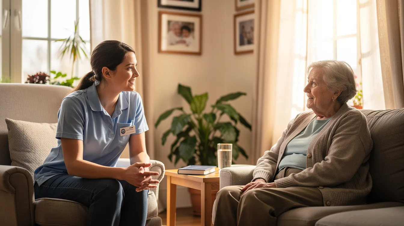 A care worker is engaged in a warm conversation with an older person in a bright home setting, highlighting the importance of support and communication in the caregiving profession. This scene reflects a fulfilling career path that offers valuable experiences and opportunities for personal growth and better work-life balance.