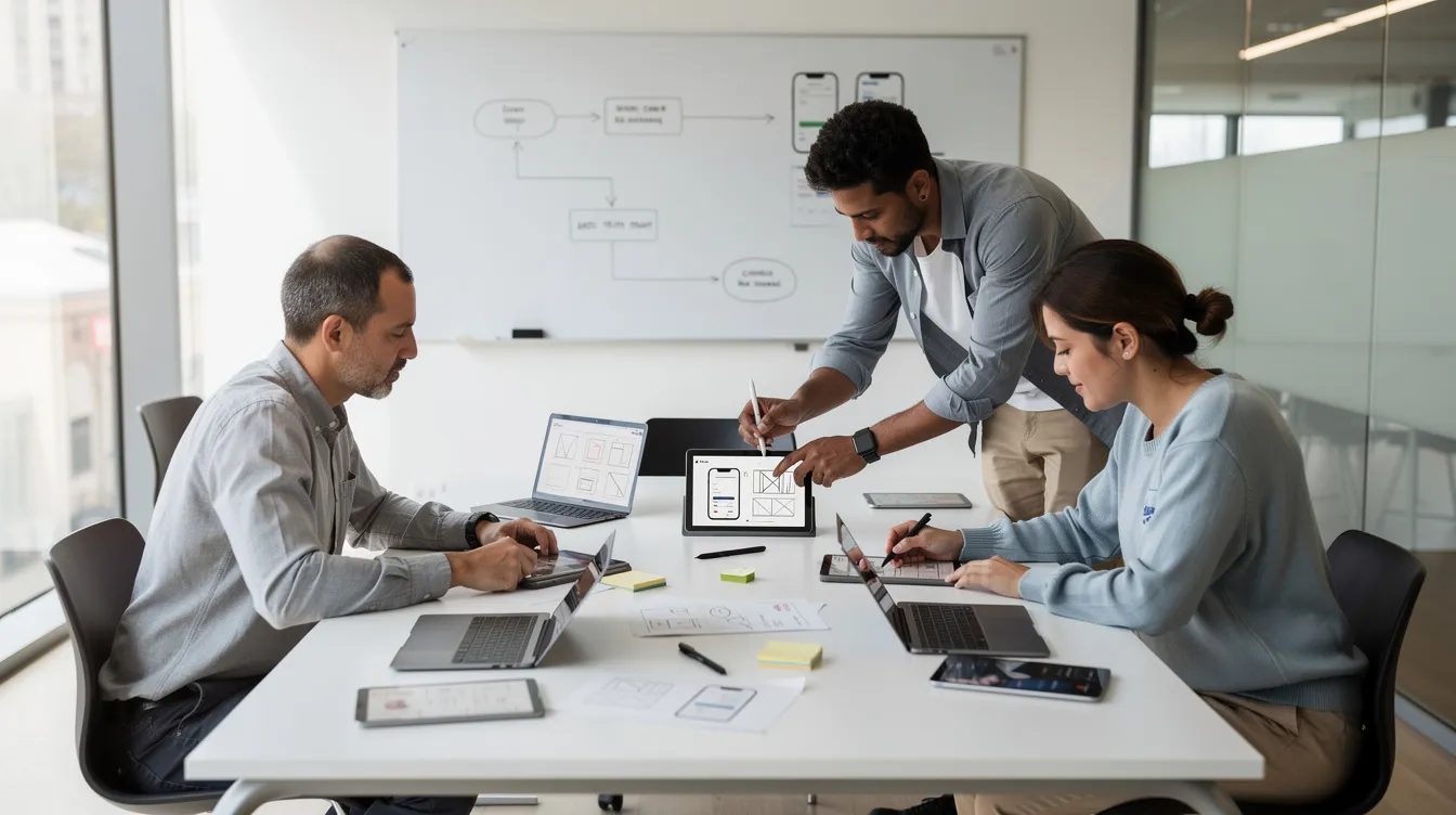 A small team of designers and user researchers is gathered around a table, reviewing digital product sketches and tablet prototypes. They are collaborating to refine designs and understand user needs, showcasing their strong design skills and communication abilities in the UX design process.