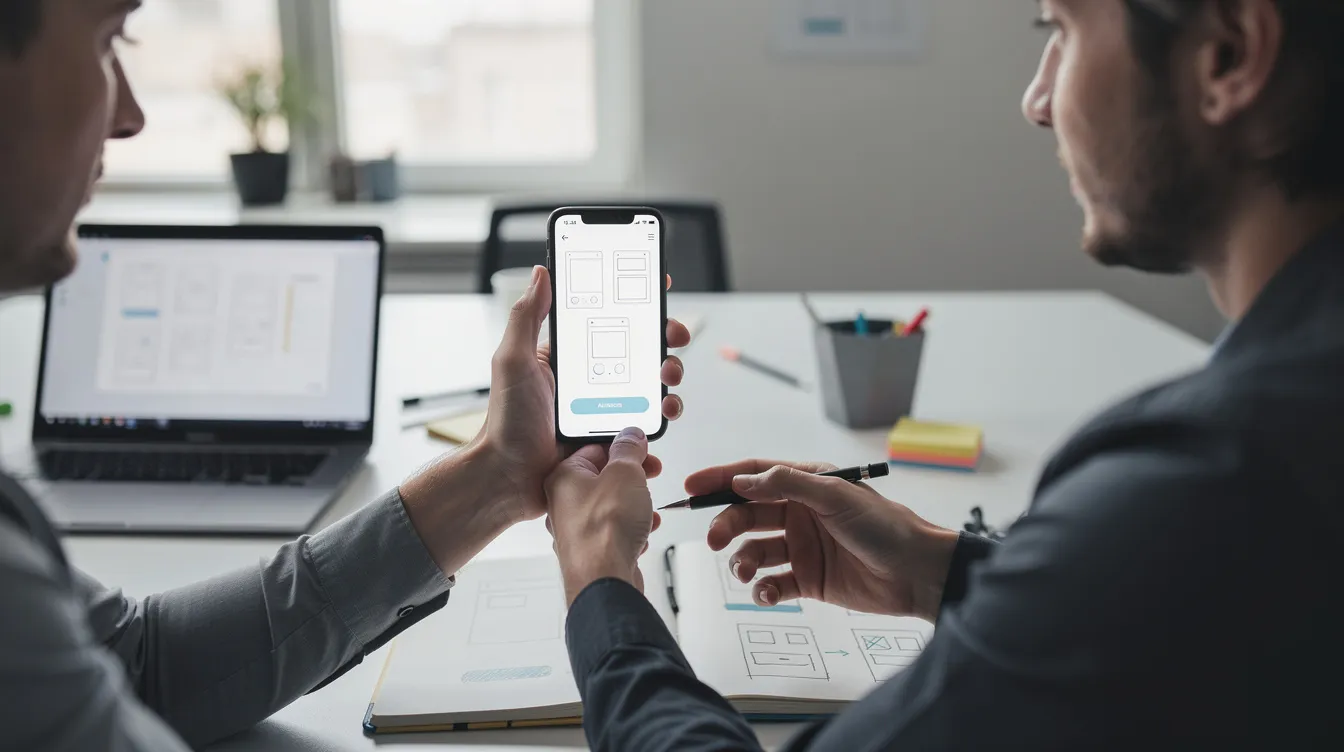 A UX designer is testing a mobile application prototype with a user at a desk, utilizing their design skills to gather feedback and understand user needs. The scene highlights the collaborative nature of user research and the importance of refining designs based on user input.