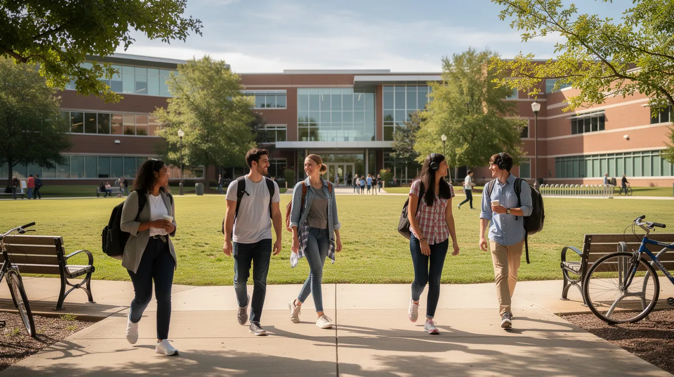 A group of students carrying backpacks walks across a university campus, symbolizing the journey of higher education and the various financial aspects such as tuition fees and student loans that they navigate during their academic year. The scene reflects the vibrant life of full-time students balancing their studies and living costs.