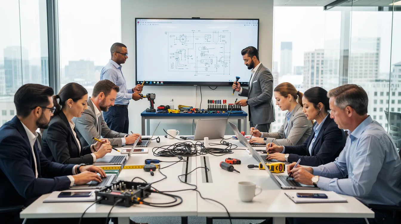 The image depicts a group of individuals engaged in a practical workplace training session, utilizing tools and laptops to enhance their skills and expertise. This interactive environment fosters learning and collaboration, allowing participants to develop confidence in their abilities while exploring effective training solutions for their professional growth.
