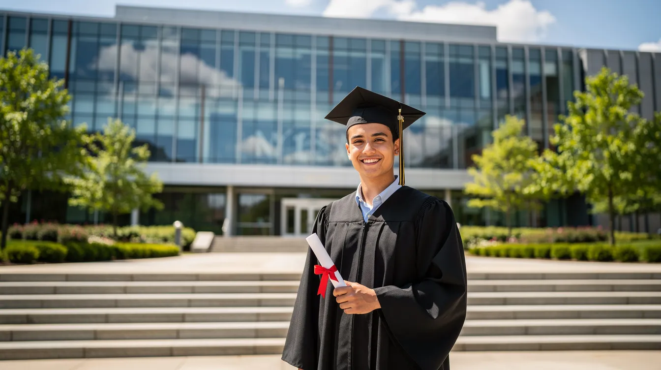 A graduate stands proudly outside a modern university building, symbolizing their journey through research degrees and postgraduate studies in Scotland. The contemporary architecture of the campus reflects the innovative learning environment that supports students in their pursuit of qualifications and career development.