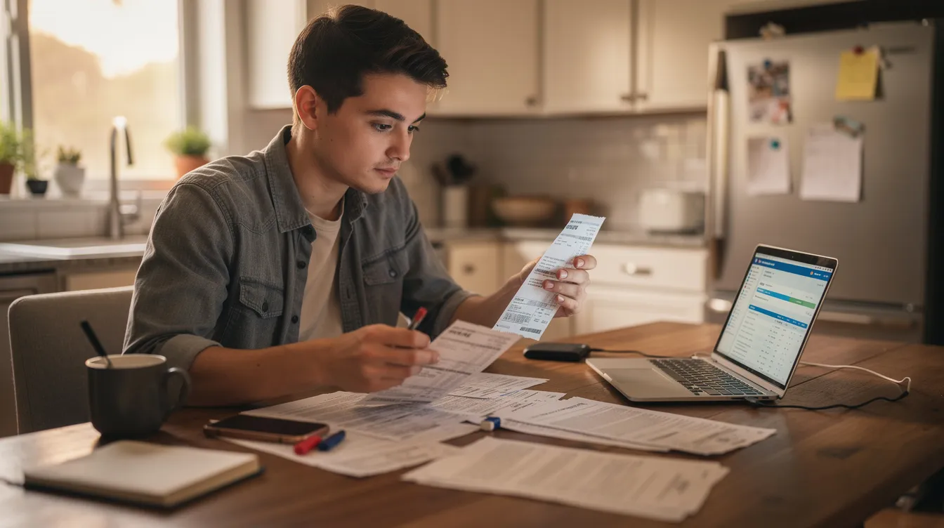 A young adult sits at a kitchen table, surrounded by bills and a laptop, carefully reviewing their finances, including student loan repayments and tuition fees. The scene captures the challenges of managing living costs and household income while pursuing higher education.
