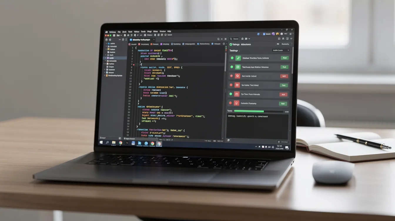 The image shows a laptop screen displaying a code editor alongside various software testing tools, highlighting the active development and quality assurance processes in software development. This setup is essential for testers and developers working in an agile environment to track defects and ensure software quality through methodologies like manual and automated testing.