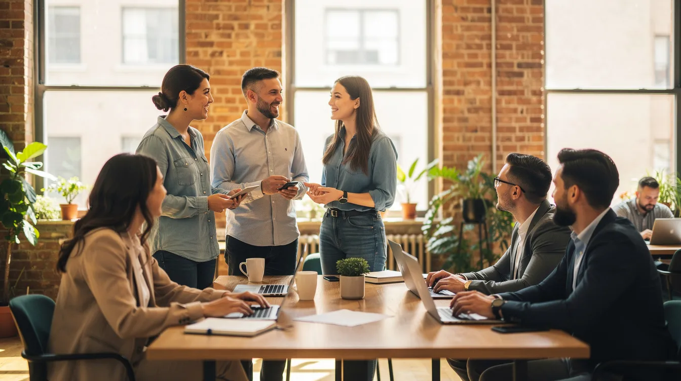 A small group of professionals is engaged in a conversation within a vibrant community workspace, discussing innovative ideas and strategies related to career change and social impact. They represent a diverse mix of expertise, focusing on complex challenges such as climate change and the energy crisis, while exploring tailored services in specialist recruitment consultancy.