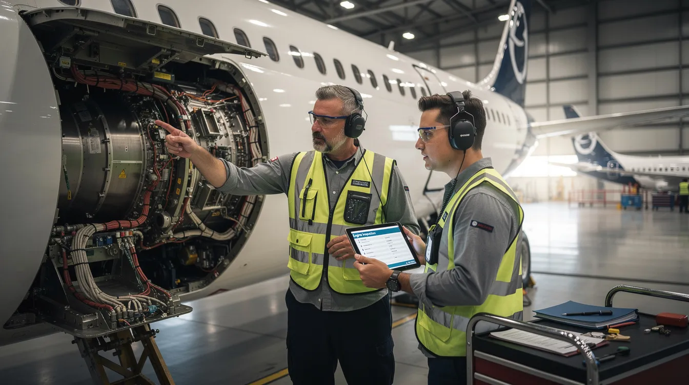 An aviation maintenance learner is engaged in hands-on training with an instructor next to aircraft equipment, focusing on developing practical skills essential for the industry. This collaborative learning environment enhances their confidence and expertise in aviation operations, aligning with training courses designed to support future workforce needs.