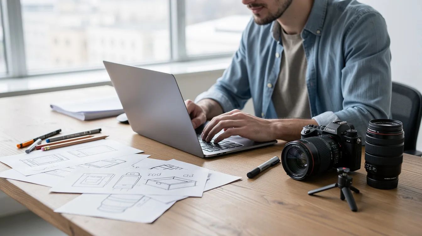 A person is focused on their laptop, surrounded by design sketches and camera equipment, illustrating a creative career path in fields like media or design. This scene reflects the intersection of technology and arts, showcasing the diverse opportunities available in various professions.