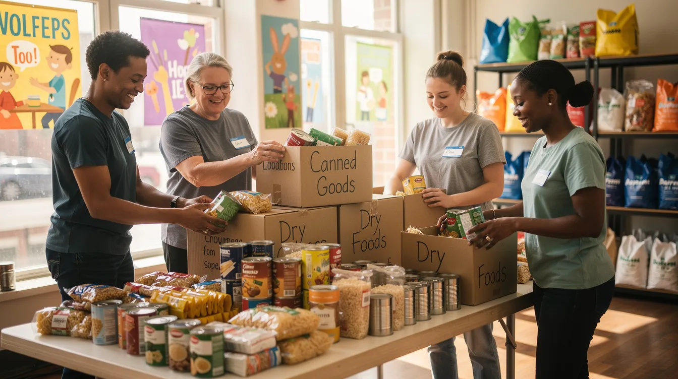 A small group of volunteers is working together in a community space, sorting food donations into boxes. They are engaged in a collaborative effort that highlights the importance of community service and teamwork in various career paths.