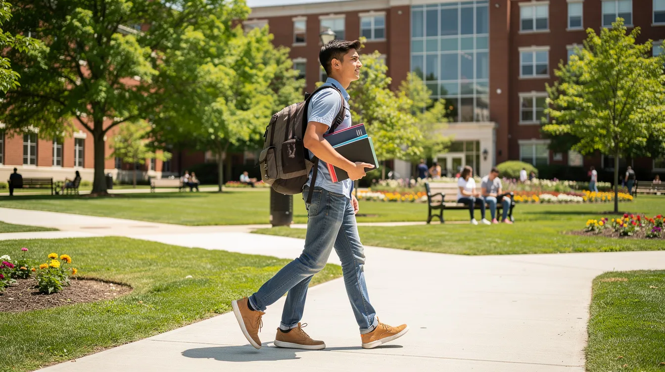 A student is walking across a university campus, carrying books and wearing a backpack, symbolizing the journey of postgraduate study. This scene reflects the vibrant academic environment where students, including those eligible for postgraduate funding and loans, pursue their master's degrees and courses.