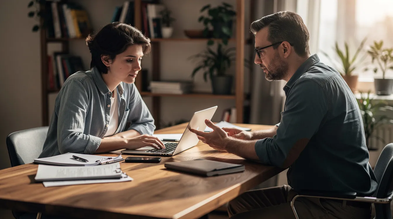 A modern apprentice is seated at a laptop, engaged in work-based learning alongside a mentor who provides guidance. This scene highlights the supportive environment of apprenticeships in Scotland, emphasizing skills development and gaining practical experience for career paths in various industries.