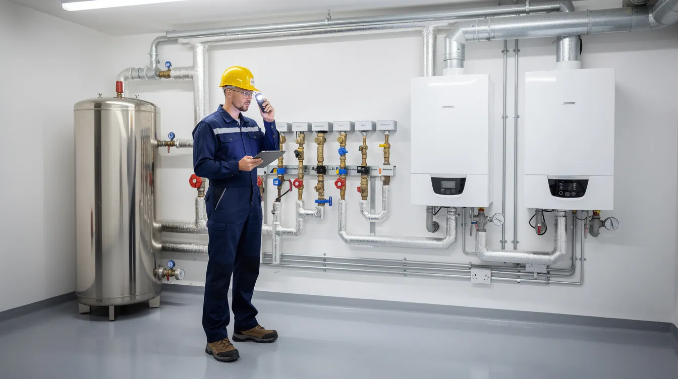 A maintenance engineer is inspecting heating equipment in a clean residential plant room, ensuring compliance with best practices for low carbon heating systems. The engineer's proactive approach supports the efficient operation of the heat network, contributing to climate change initiatives.