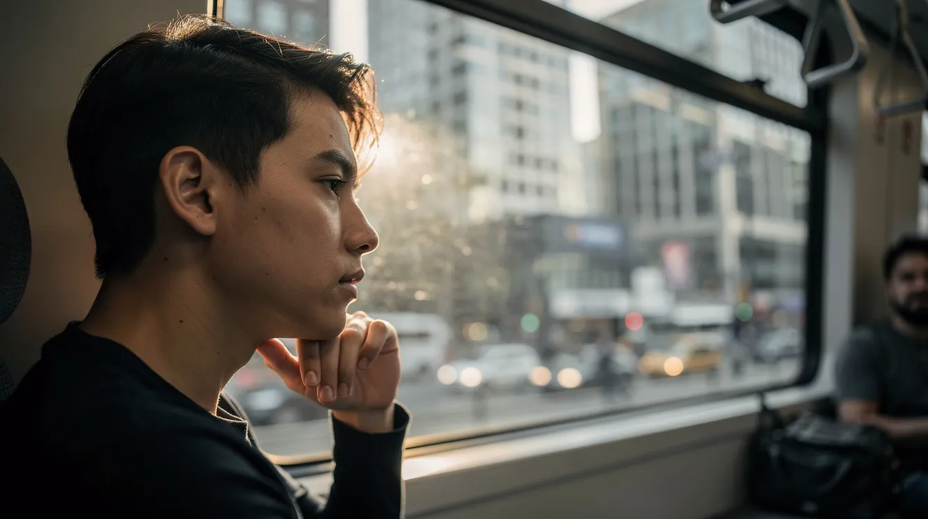 A person gazes thoughtfully out of a train window during their city commute, contemplating their current job and the possibility of a career change for a more fulfilling work life balance. The scene reflects a moment of introspection, as they consider transferable skills and new challenges in their career path.