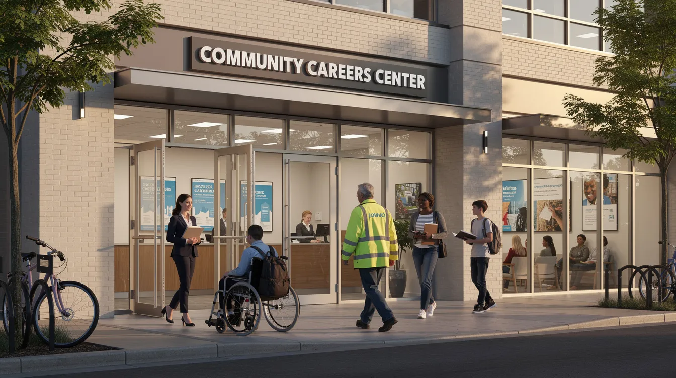 A group of people is entering a modern community building, where they will receive careers advice and guidance from a careers adviser. This space serves as a hub for skills development and employability support, offering various training opportunities and resources for individuals seeking to enhance their career management skills.