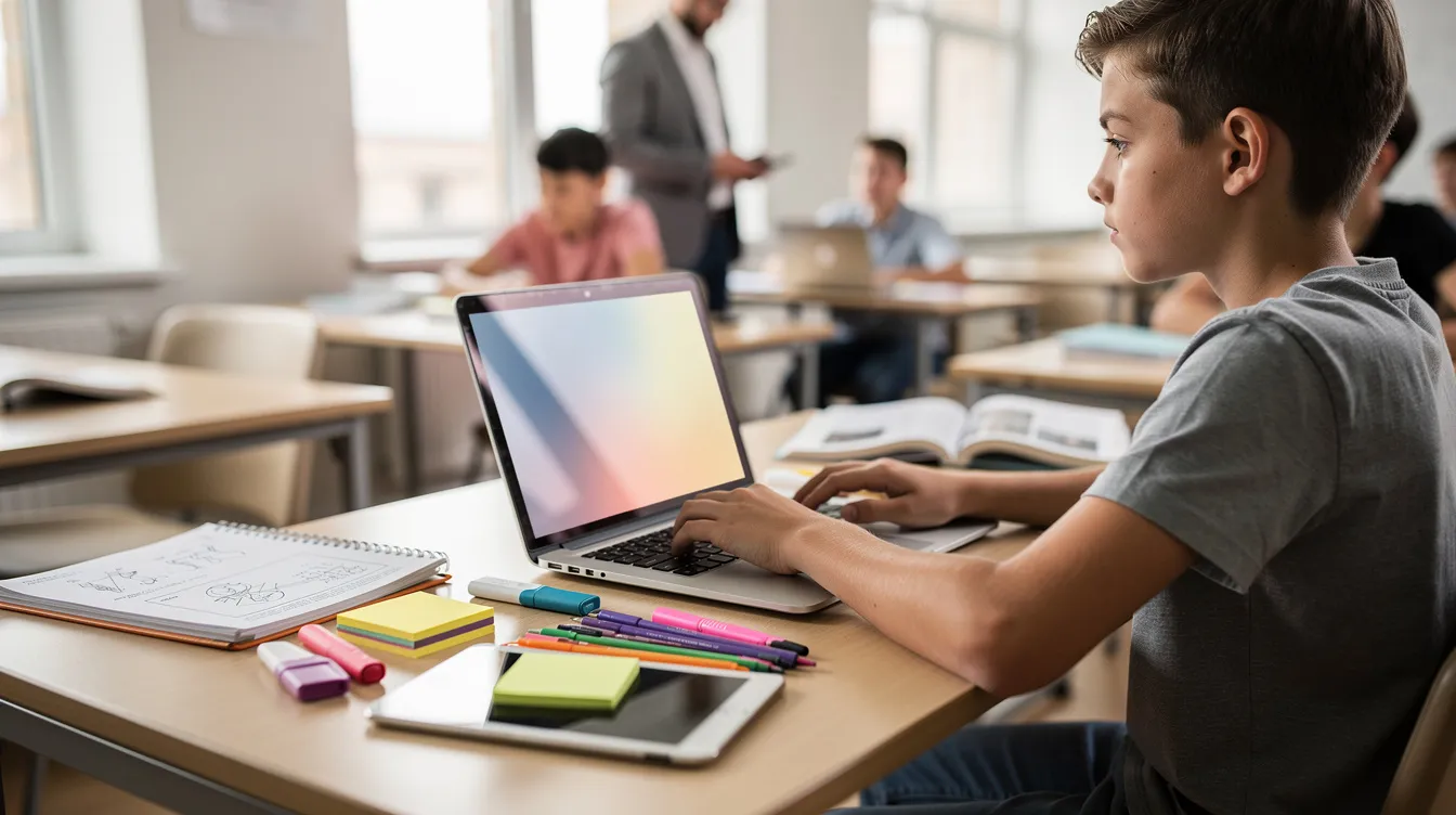 A learner is focused on a laptop during a blended learning session, surrounded by notebooks and various tools, which support their development of practical skills in training programmes. This environment fosters confidence and enhances their ability to manage projects effectively.