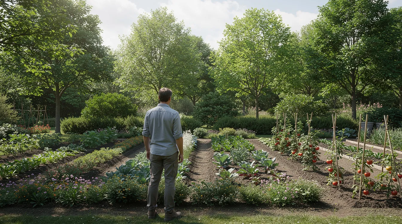 A person is attentively observing a lush garden edge, which features a variety of trees, vibrant shrubs, and neatly arranged vegetable beds, reflecting a commitment to sustainable gardening practices. This scene embodies the principles of lifelong learning and systems thinking in the development of a productive and environmentally friendly landscape.