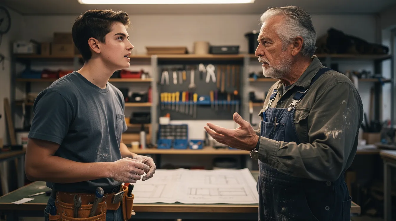 A young apprentice engages in conversation with an experienced colleague, discussing skills development and career paths within their modern apprenticeship programme. This interaction highlights the importance of on-the-job training and gaining practical experience in an inclusive environment, essential for success in their chosen field.