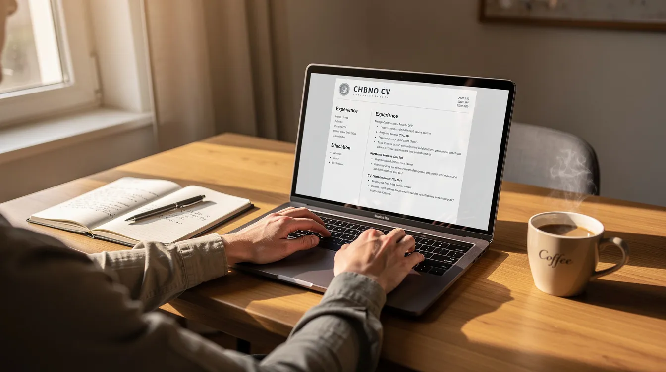 A person is sitting at a desk, focused on updating their CV on a laptop, with a notebook and a cup of coffee nearby. This scene reflects the journey of career changers exploring new career paths and enhancing their professional development.