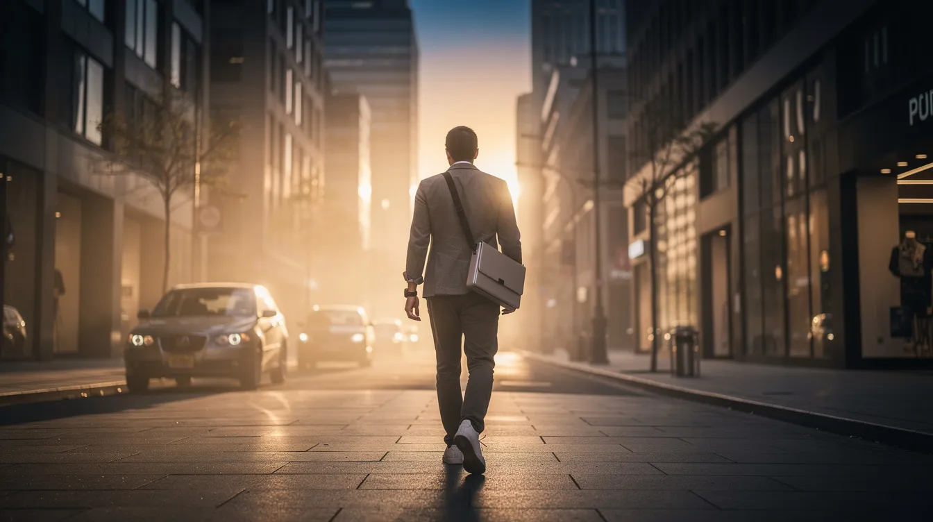 A person is walking through a city street at sunrise, carrying a laptop bag, symbolizing the pursuit of a better work-life balance and the journey towards a new career challenge. The scene captures the essence of progress and motivation as they navigate their path towards financial stability and personal growth.