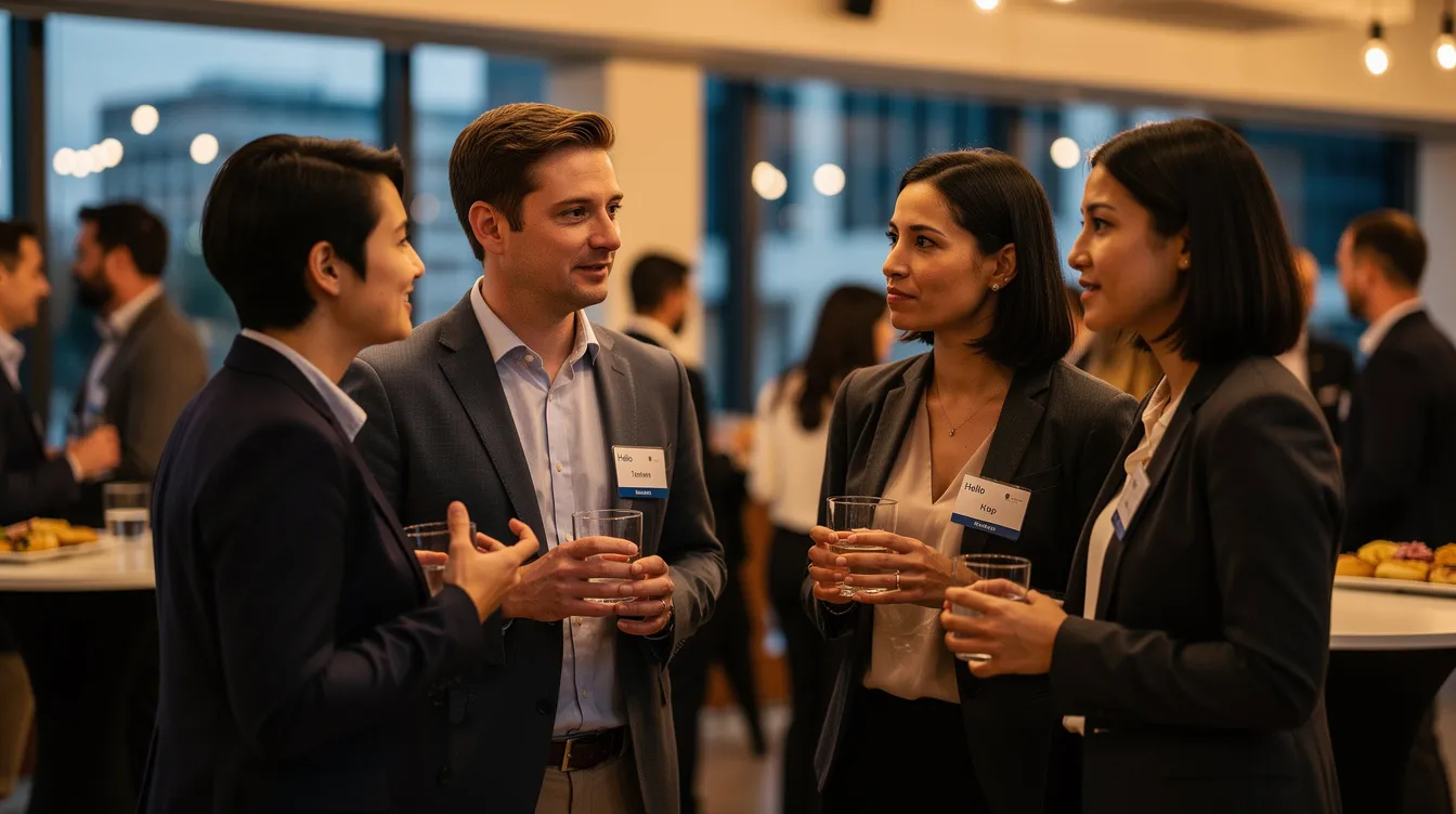 A small group of professionals engages in conversation at an informal networking event, discussing their career paths and exploring new challenges. The atmosphere is relaxed, encouraging sharing of ideas and transferable skills for those considering a career change or seeking more fulfilling work.