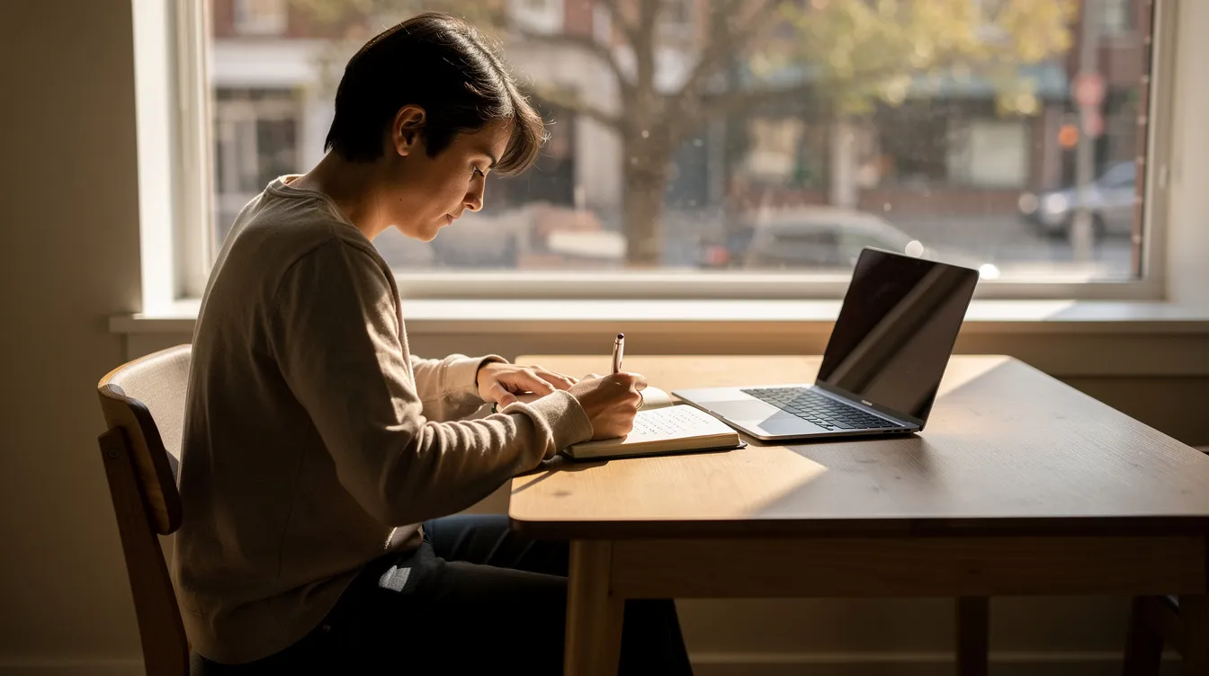 A person is sitting at a desk with a notebook and a laptop, positioned near a window that allows natural light to illuminate their workspace. This scene reflects a dynamic environment where career changers can engage in research and development, focusing on innovative organisations and social impact.