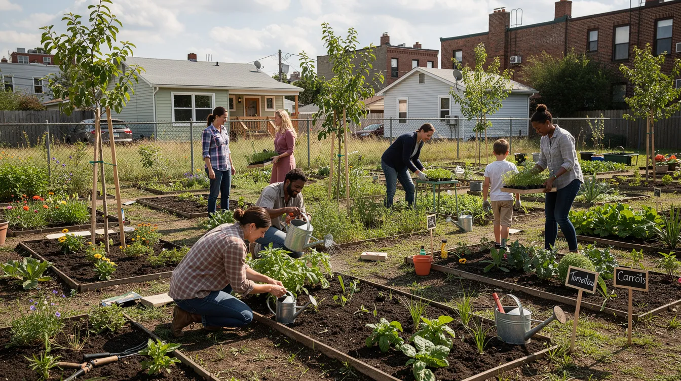 The image depicts a small community garden filled with mixed plant beds and young trees, where a diverse group of people is collaborating on gardening tasks. This setting emphasizes lifelong learning and community engagement, showcasing the essential skills and knowledge needed for effective gardening and environmental stewardship.
