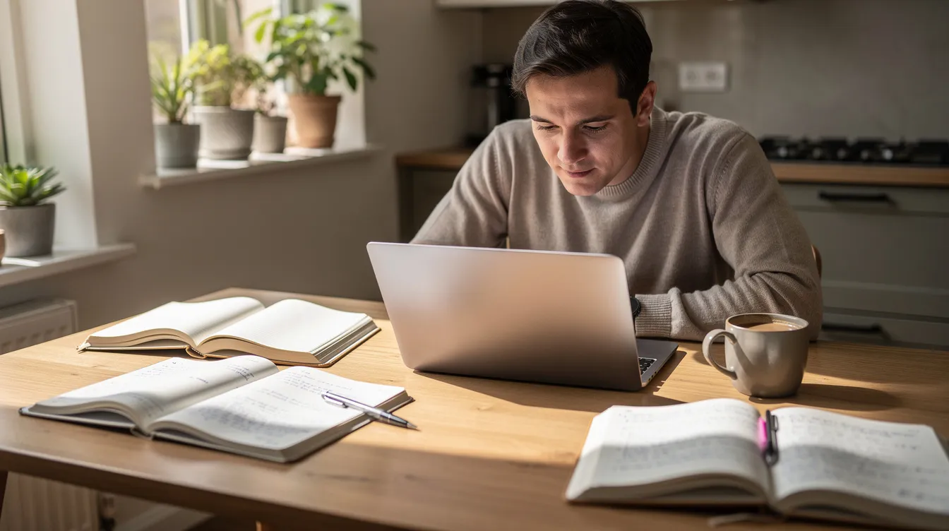 An adult student is sitting at a kitchen table, focused on studying with a laptop open and notebooks scattered around. This scene reflects the pursuit of higher education, which may include considerations of tuition fees and student support, especially for those looking to study in Scotland.