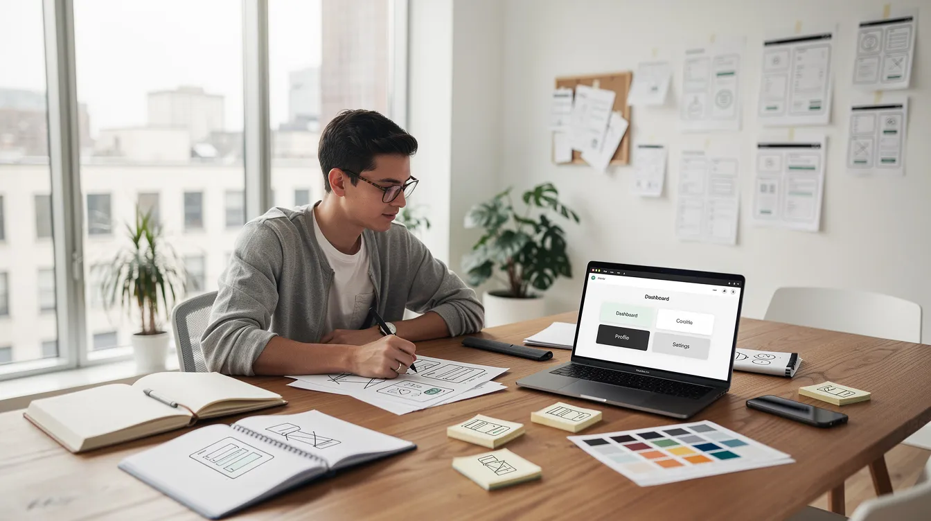 A young UX designer is focused on creating interface sketches while working on a laptop in a modern studio, surrounded by design tools and materials. This setting highlights the designer's creativity and strong portfolio showcasing their skills in user research and visual design for multiple projects, including websites and mobile applications.