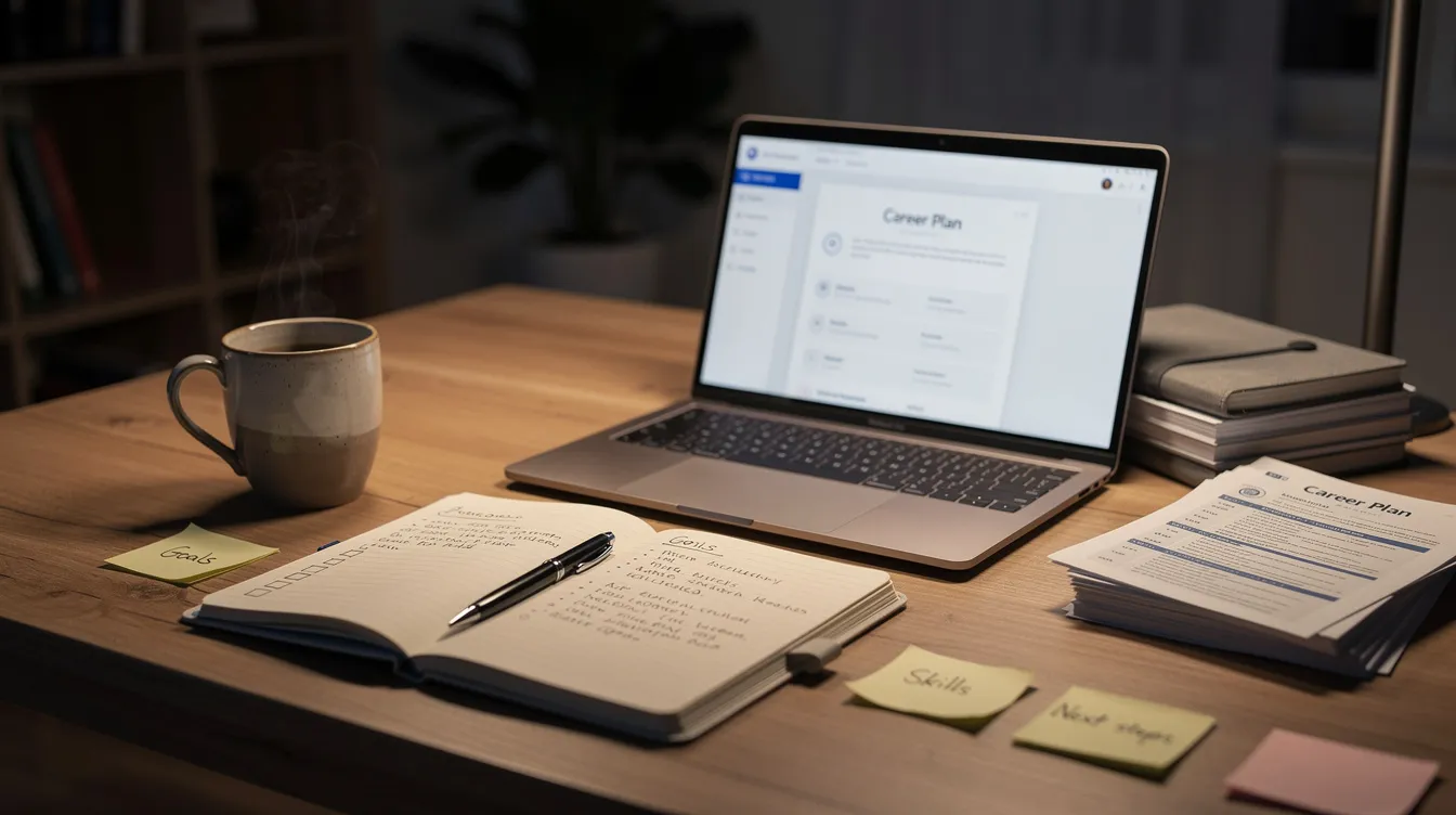 A desk is set up with a laptop, an open notebook, and a steaming cup of coffee, symbolizing a focused environment for career planning and exploring different jobs. This scene reflects the journey of career changers seeking better work-life balance and new challenges in their professional lives.