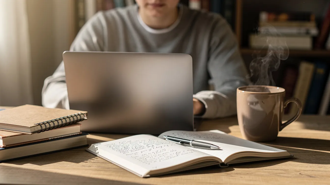 A student sits at a desk using a laptop, surrounded by notebooks and a mug, focused on their studies. This scene reflects the daily life of full-time students as they manage their academic workload alongside considerations of tuition fees and student loans in Scotland.