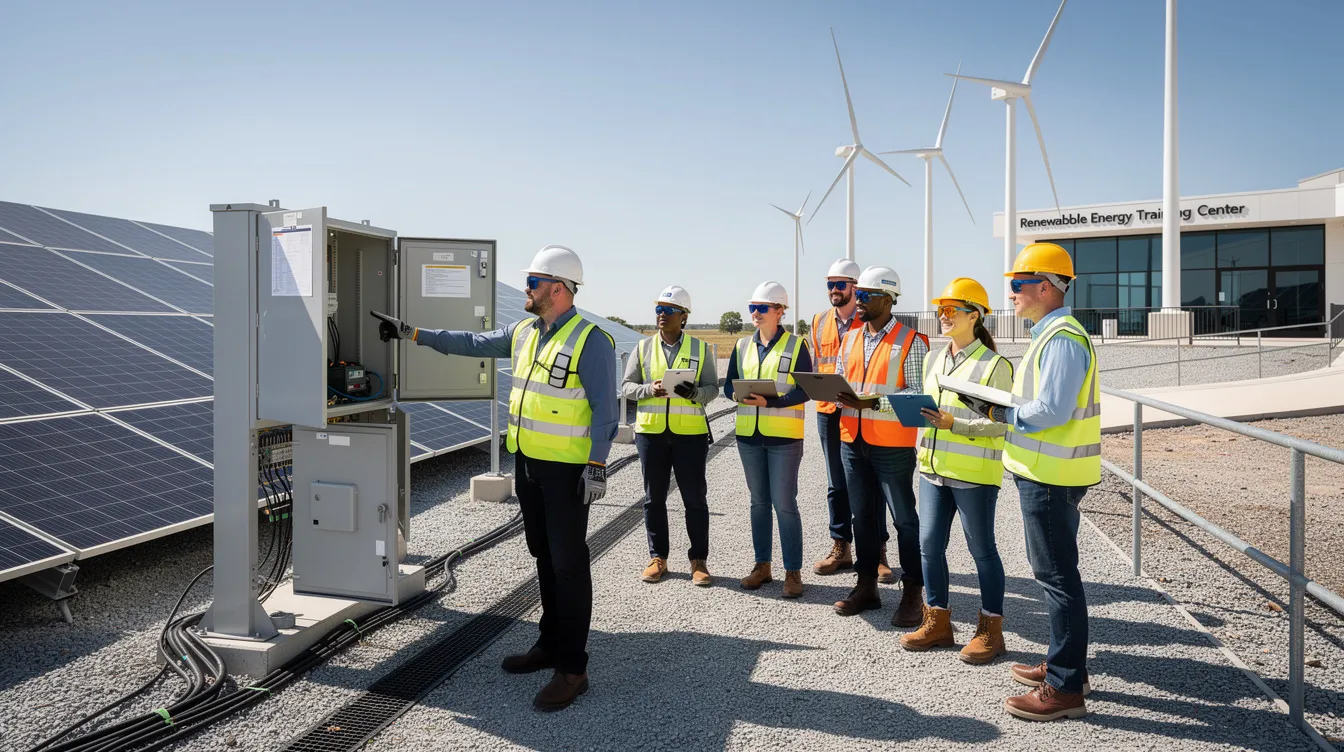 A group of workers and learners, equipped with safety gear, are exploring a renewable energy training site in Aberdeen City. This visit highlights the importance of skills development in Scotland, as they gain valuable knowledge and learning opportunities for future employability in the industry.