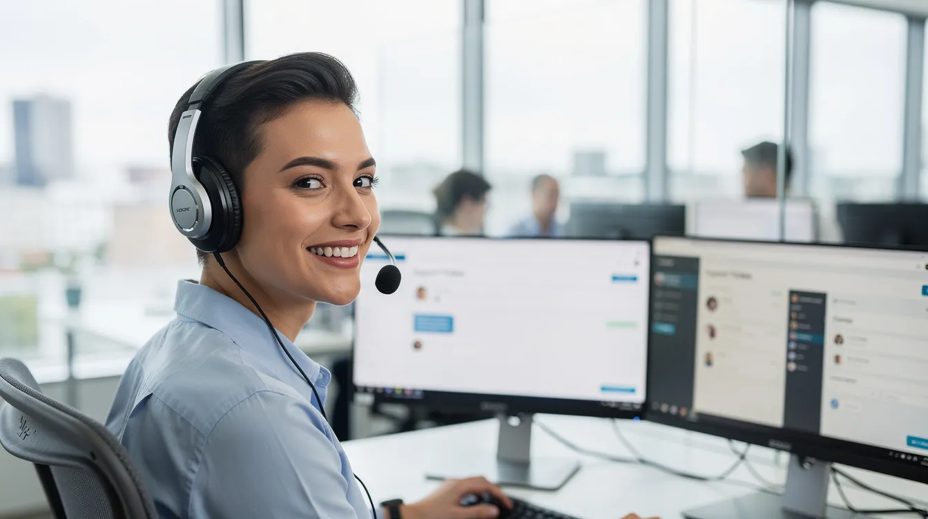 A customer support worker is speaking on a headset in a bright, modern office, providing advice and support related to heating systems and low carbon heating solutions. The vibrant environment reflects a professional atmosphere, ideal for handling client inquiries and enhancing service delivery.