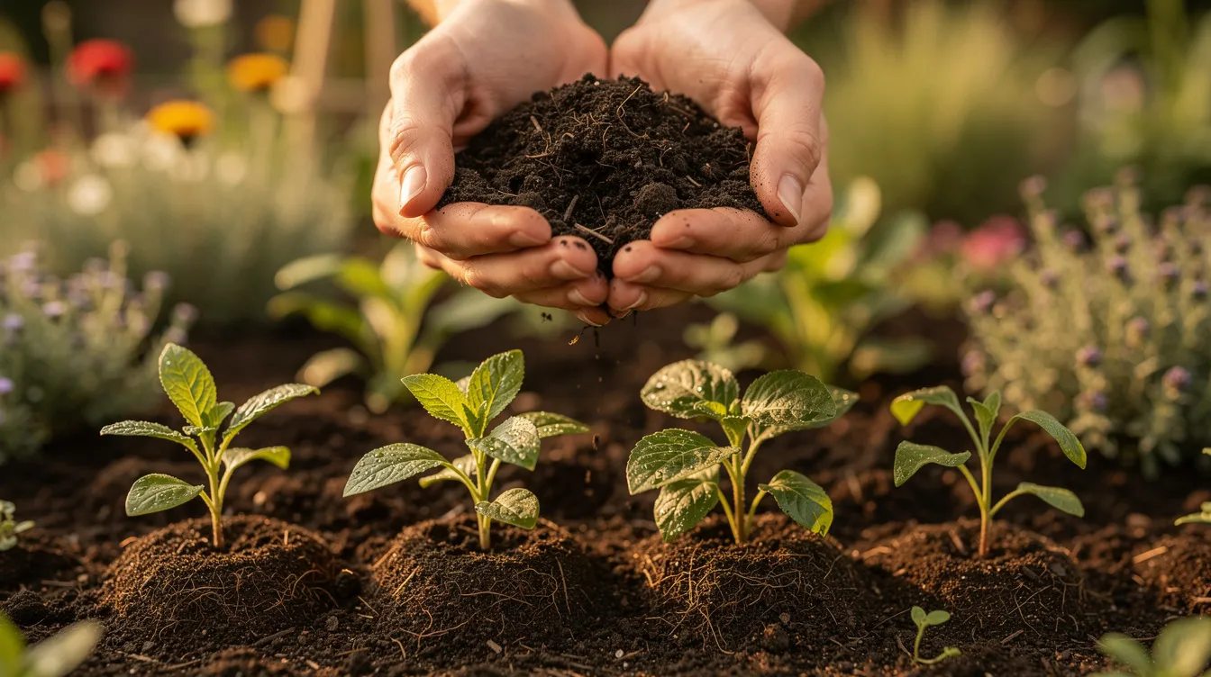 Two hands gently hold rich, dark soil near young tree seedlings in a mixed garden, highlighting the essential process of nurturing plants for sustainable growth. This image embodies the commitment to lifelong learning and development in permaculture practices.