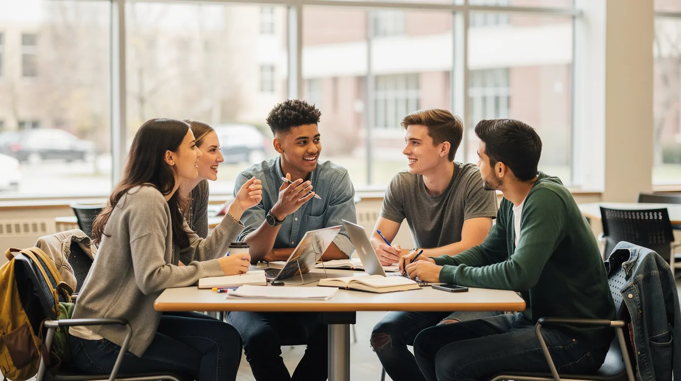 A group of young adults is gathered in a college setting, engaging in a lively discussion about various career options while taking notes in their notebooks. They are exploring different types of professions, guided by a careers adviser, as they seek to discover their interests in fields such as technology, healthcare, and business.