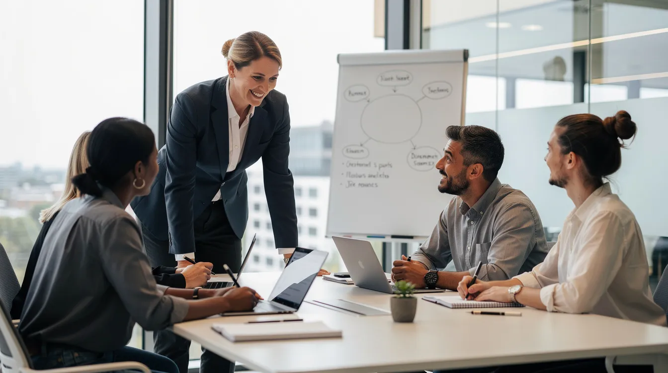 A trainer provides guidance and support to a small group of learners during a workplace coaching session, focusing on enhancing their practical skills and confidence in project management. This interactive training session aims to equip participants with helpful resources and strategies to improve their performance and capabilities within their organization.