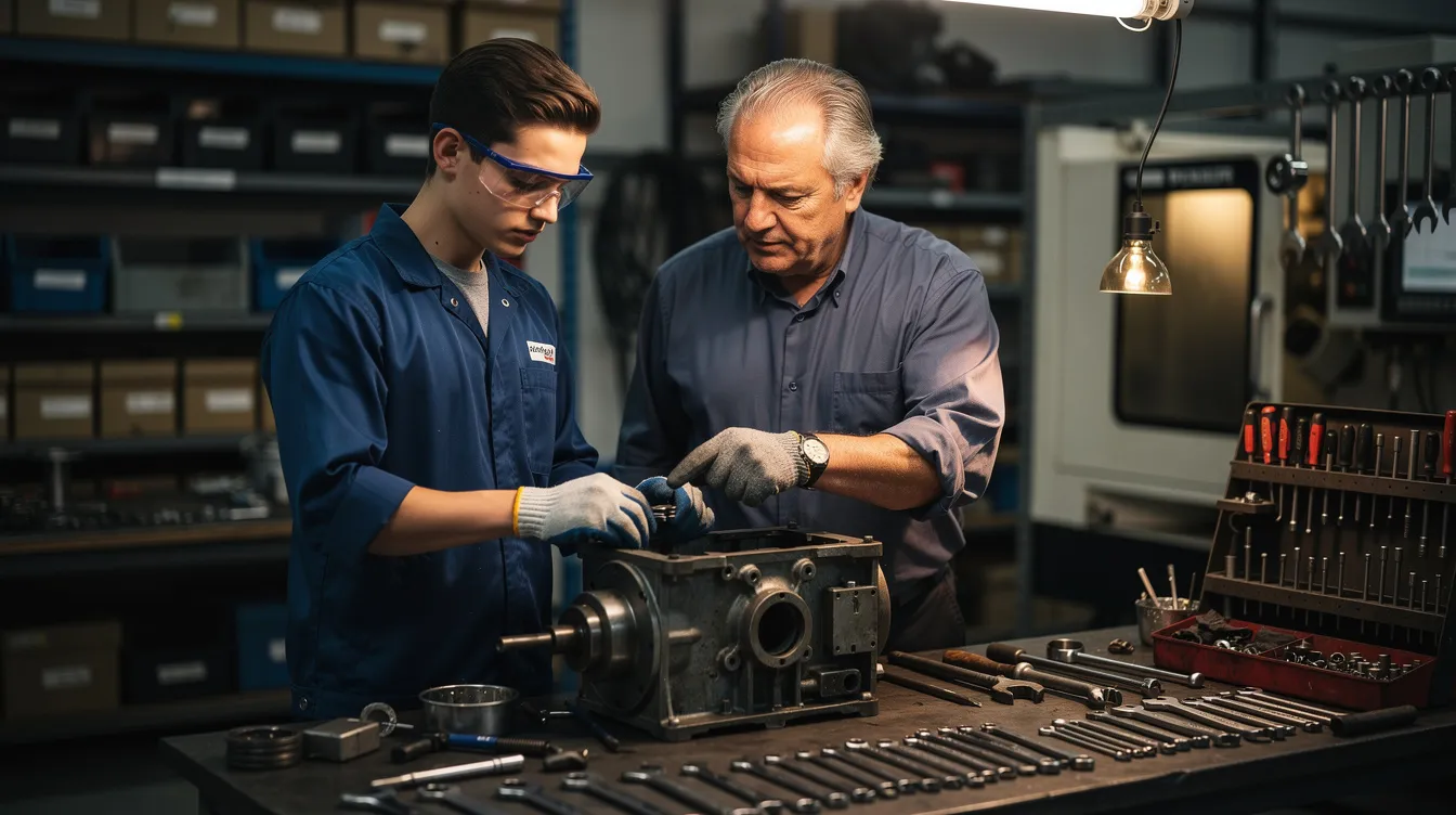 The image depicts a young apprentice engaged in hands-on training alongside an experienced mentor, highlighting the importance of skills development in Scotland's workforce. This scene represents the key role of modern apprenticeships in providing young people with valuable employability skills and learning opportunities within the business industry.