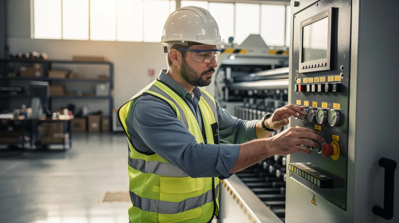 An engineer is inspecting machinery in a bright manufacturing workshop, surrounded by various machines and tools that highlight the intersection of technology and production. This scene reflects the diverse career paths available in engineering and manufacturing, showcasing the importance of science and technology in modern industry.