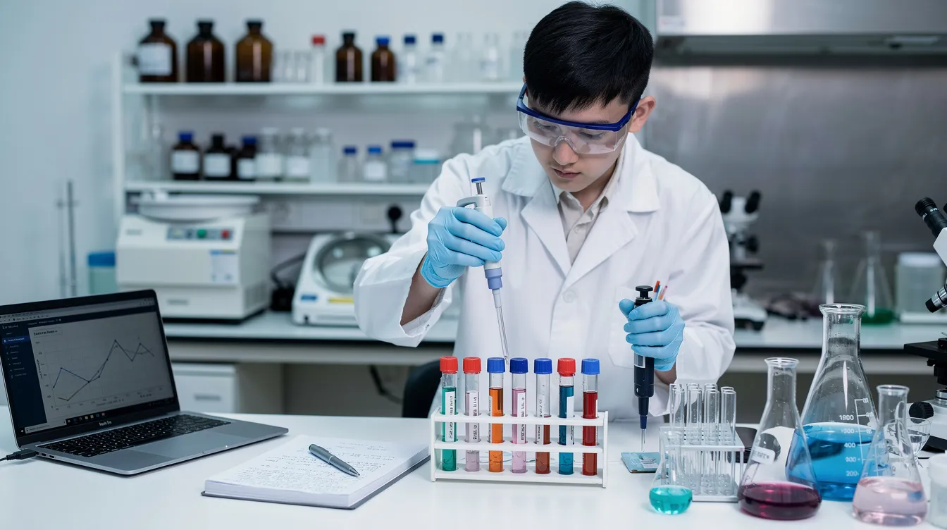 A research student is focused on conducting experiments with laboratory equipment, surrounded by various scientific tools and materials. This scene reflects the hands-on learning experience found in university research degrees, contributing to their postgraduate career development.