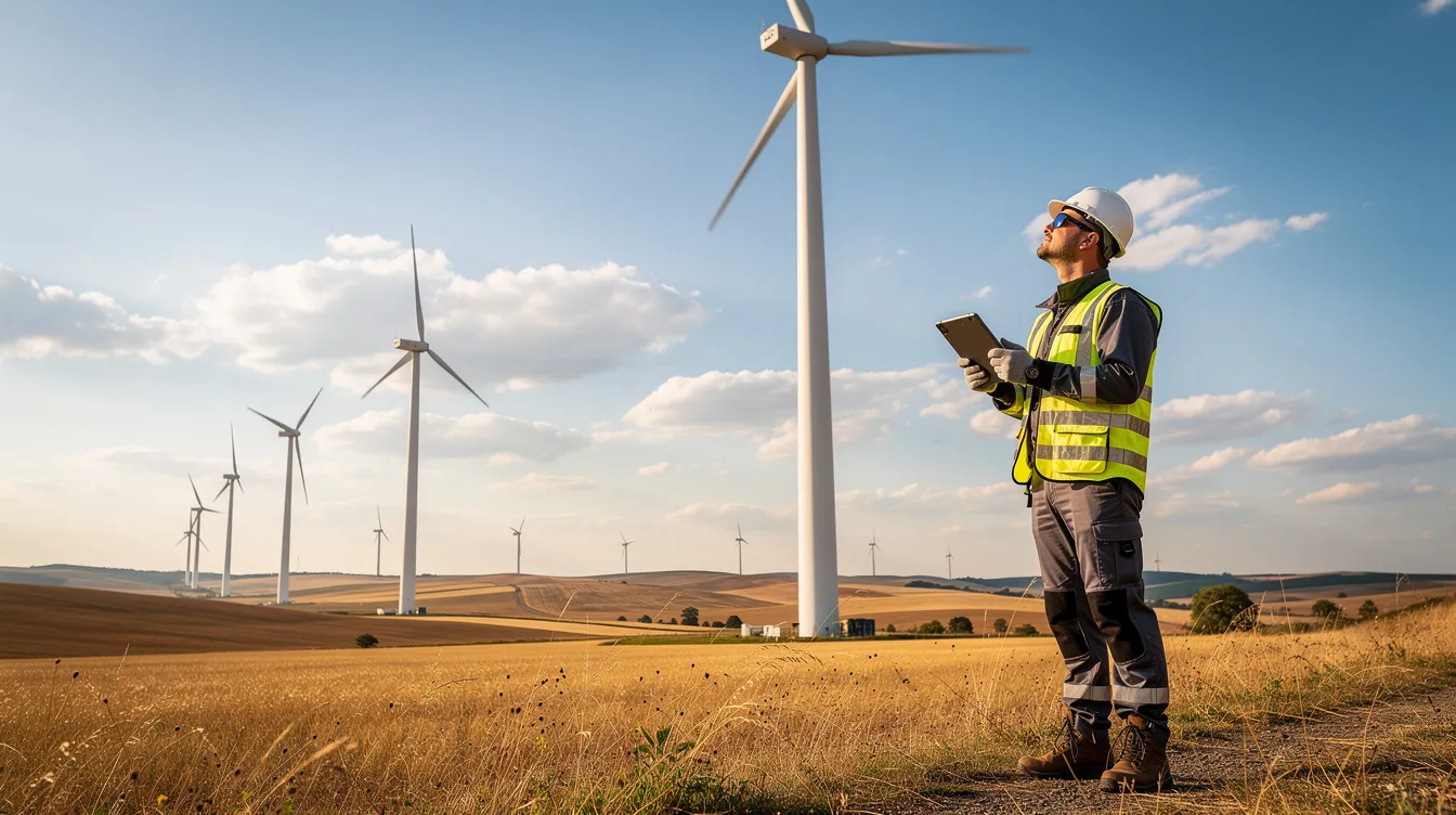 A technician stands confidently near a row of wind turbines in a vast rural landscape, symbolizing the pursuit of a career change towards sustainable energy. This scene reflects a commitment to work-life balance and the motivation to make a real impact in the industry.