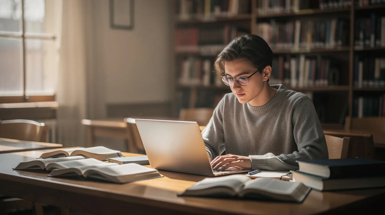 A student sits at a table in a quiet library, focused on reading from a laptop and taking notes in notebooks. This serene study environment is ideal for exploring various subjects related to university courses and research degrees in Scotland.