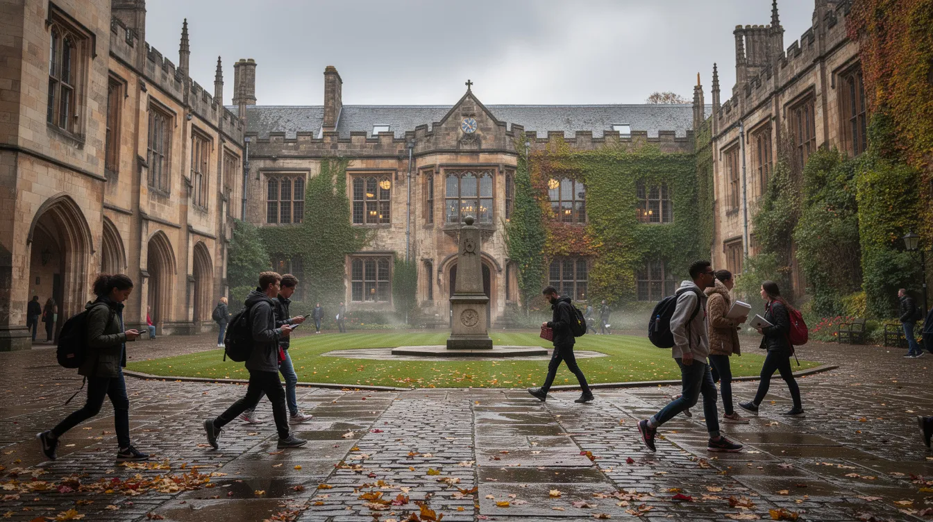 A group of students strolls through a historic university courtyard in Scotland, surrounded by classic architecture that reflects the rich educational heritage of the region. As they walk, they engage in conversation about their courses and the benefits of studying at world-class universities, where many Scottish students enjoy free tuition or financial support from the Scottish government.