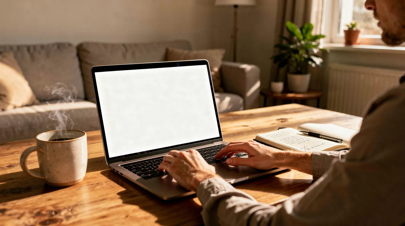 A person is seated at a desk in their home, working intently on a laptop, with a notebook and a cup of coffee nearby, embodying a blend of productivity and comfort that supports their career change journey. This scene reflects the pursuit of better work-life balance and the exploration of new career ideas.