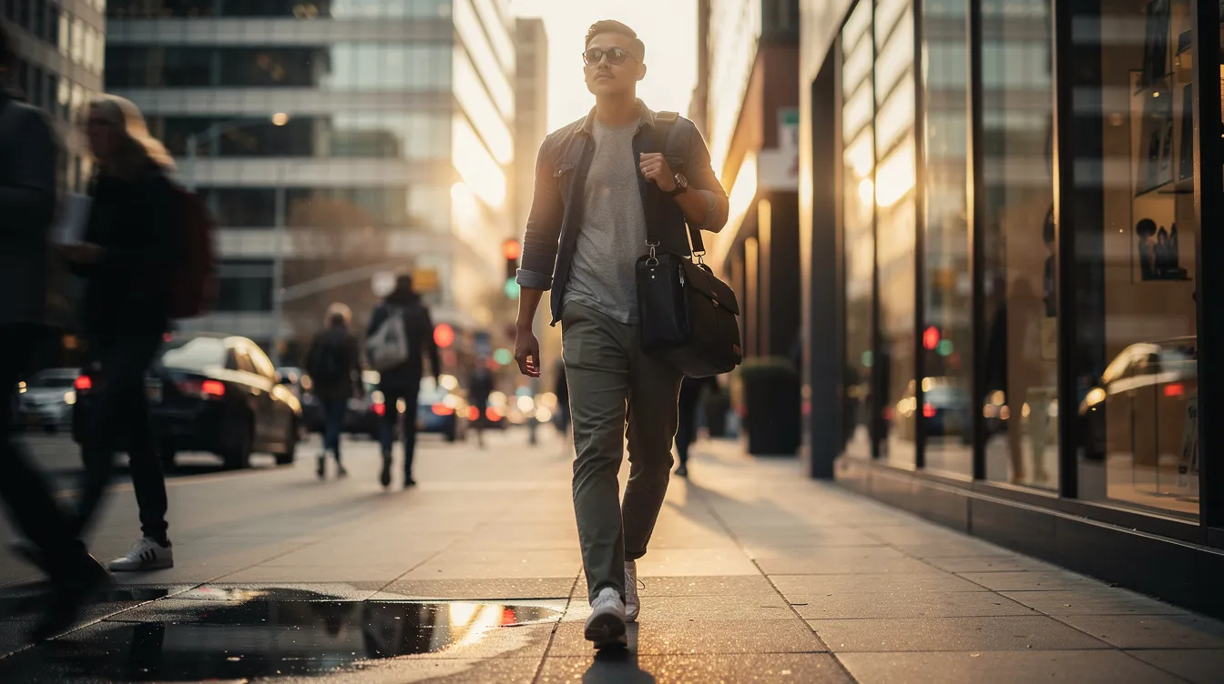 A person is walking through a bustling city street with a laptop bag, symbolizing the journey of career exploration and the potential for a career change. This image reflects the pursuit of new career ideas and the importance of work-life balance in navigating career transitions.
