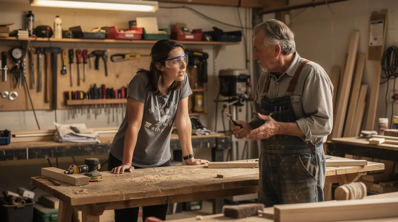 An adult learner engages in a conversation with a trades mentor in a workshop setting, highlighting the importance of hands-on experience and professional development for those considering a career change. This interaction emphasizes building relationships and acquiring new skills to navigate the job market effectively.