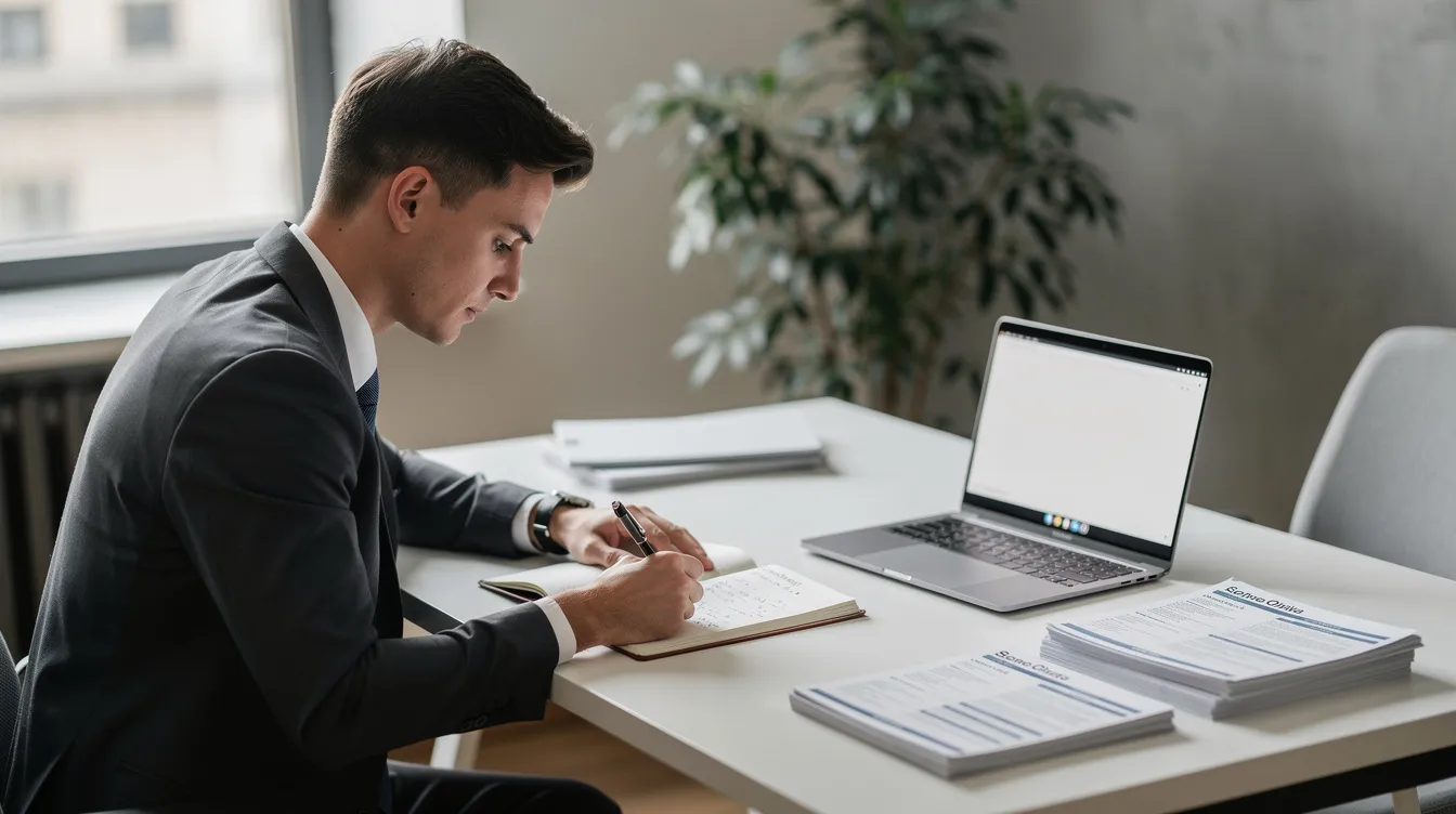 A focused individual is preparing notes in a quiet workspace, likely for a job interview, emphasizing the importance of career management skills and employability support. This scene highlights the preparation process that can be enhanced through careers advice and guidance services available in Scotland.