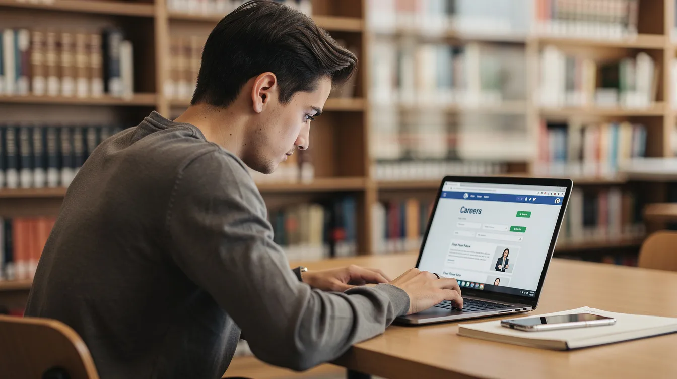 A young adult is seated at a table in a library, focused on a laptop as they conduct online career research, exploring various training opportunities and career information. This scene highlights the importance of skills development in Scotland, with the individual likely seeking advice and guidance for their future career path.