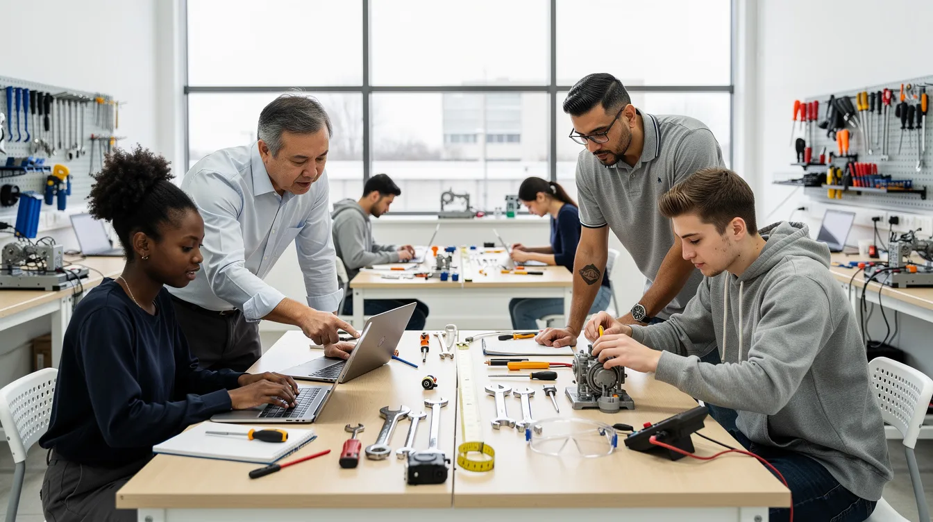 A diverse group of young people and employers are engaged in a practical training workshop, utilizing laptops and various tools to enhance their employability skills. This collaborative environment in Aberdeen City underscores the key role of Skills Development Scotland in providing learning opportunities that align with industry demands and support individuals in achieving their career goals.