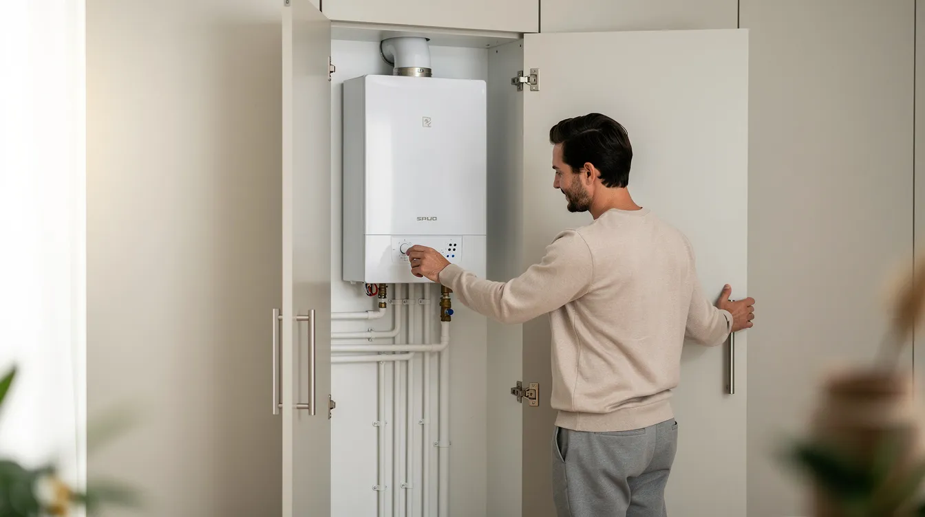 A resident is inspecting a compact heating unit inside a modern apartment utility cupboard, ensuring the maintenance of their low carbon heating system. This scene highlights the importance of energy efficiency and compliance in contemporary living environments.