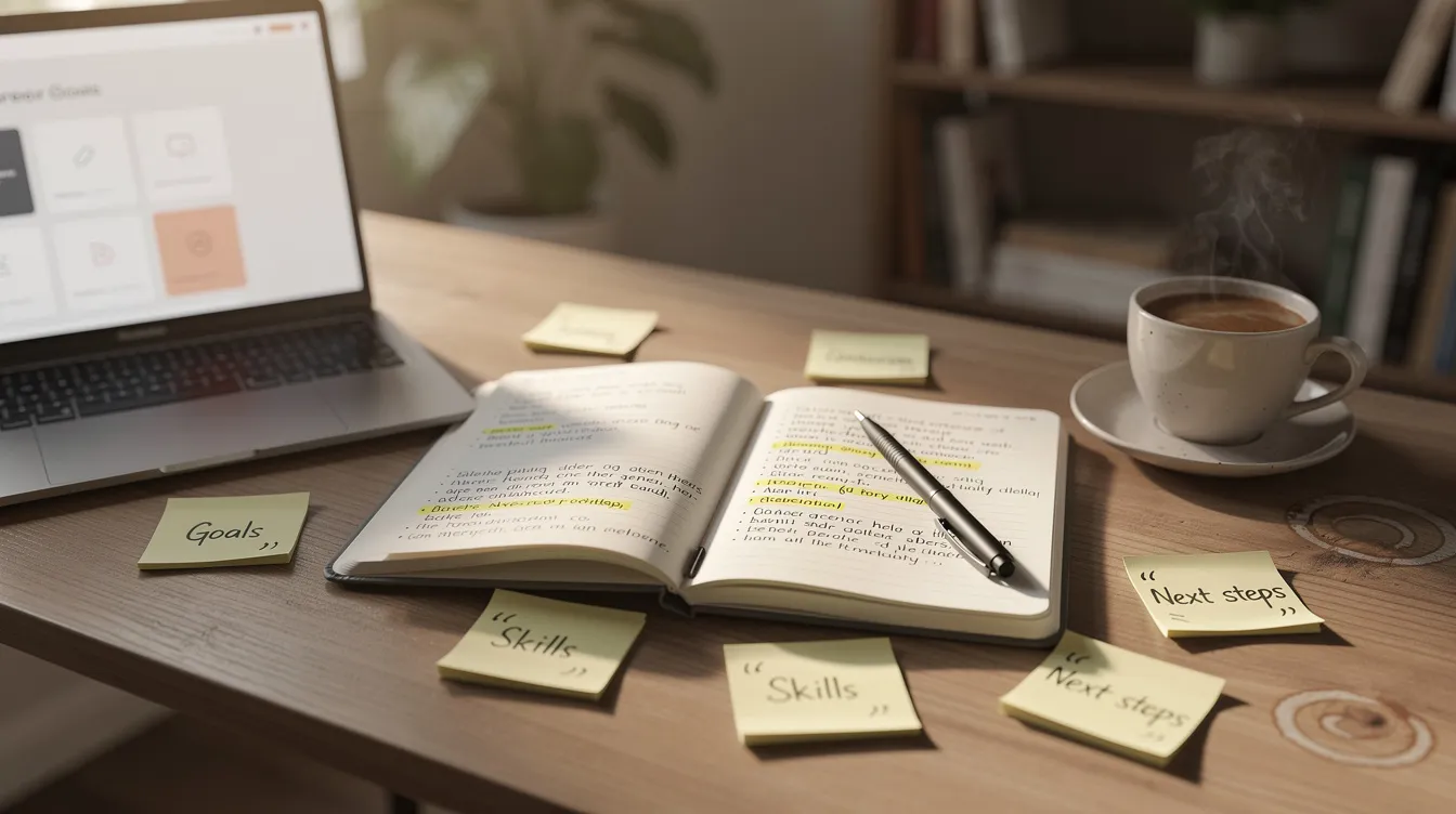A desk is set up with a notebook, a laptop, and a steaming cup of coffee, symbolizing a moment of reflection during career planning. This scene represents the journey of career changers seeking a better work-life balance and exploring new challenges in their professional paths.