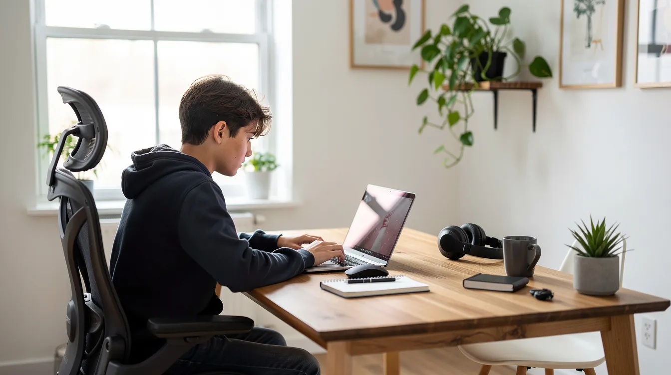 A young person sits at a sleek desk in a modern home office, focused on their laptop as they engage in software testing activities. The workspace is well-organized, featuring plants and tech gadgets, reflecting a productive environment suitable for software development and quality assurance tasks.